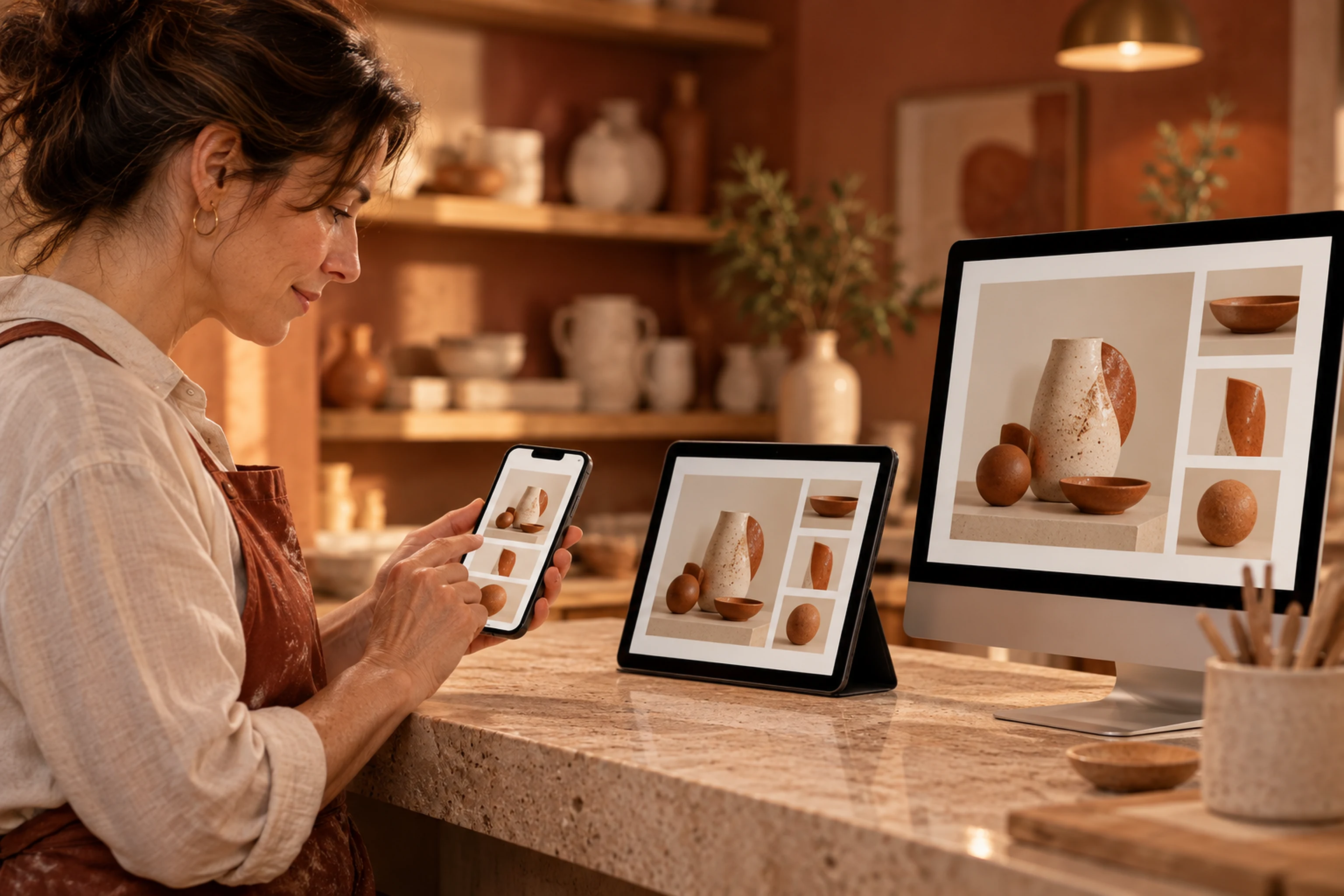 An independent studio owner reviewing her business website across desktop, tablet and phone