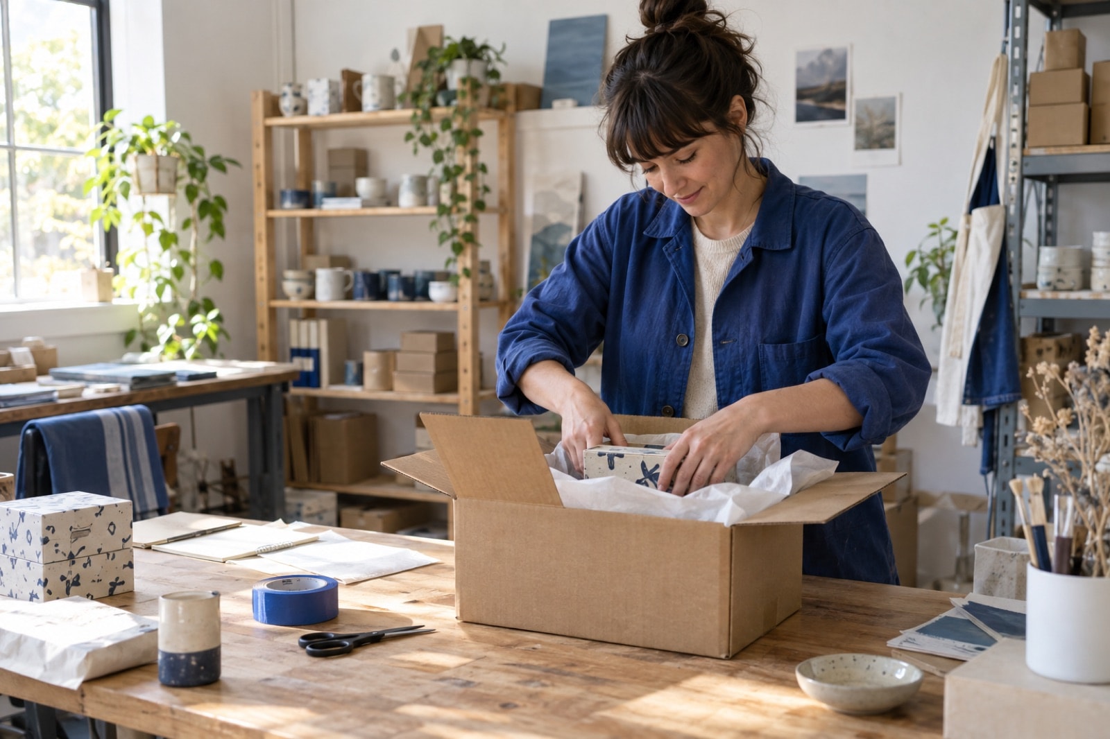 Independent maker packing a ceramic product for an online order
