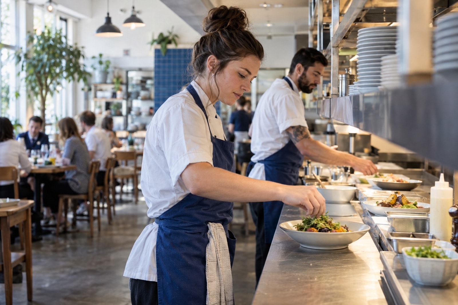 Restaurant staff preparing plates during a busy café service