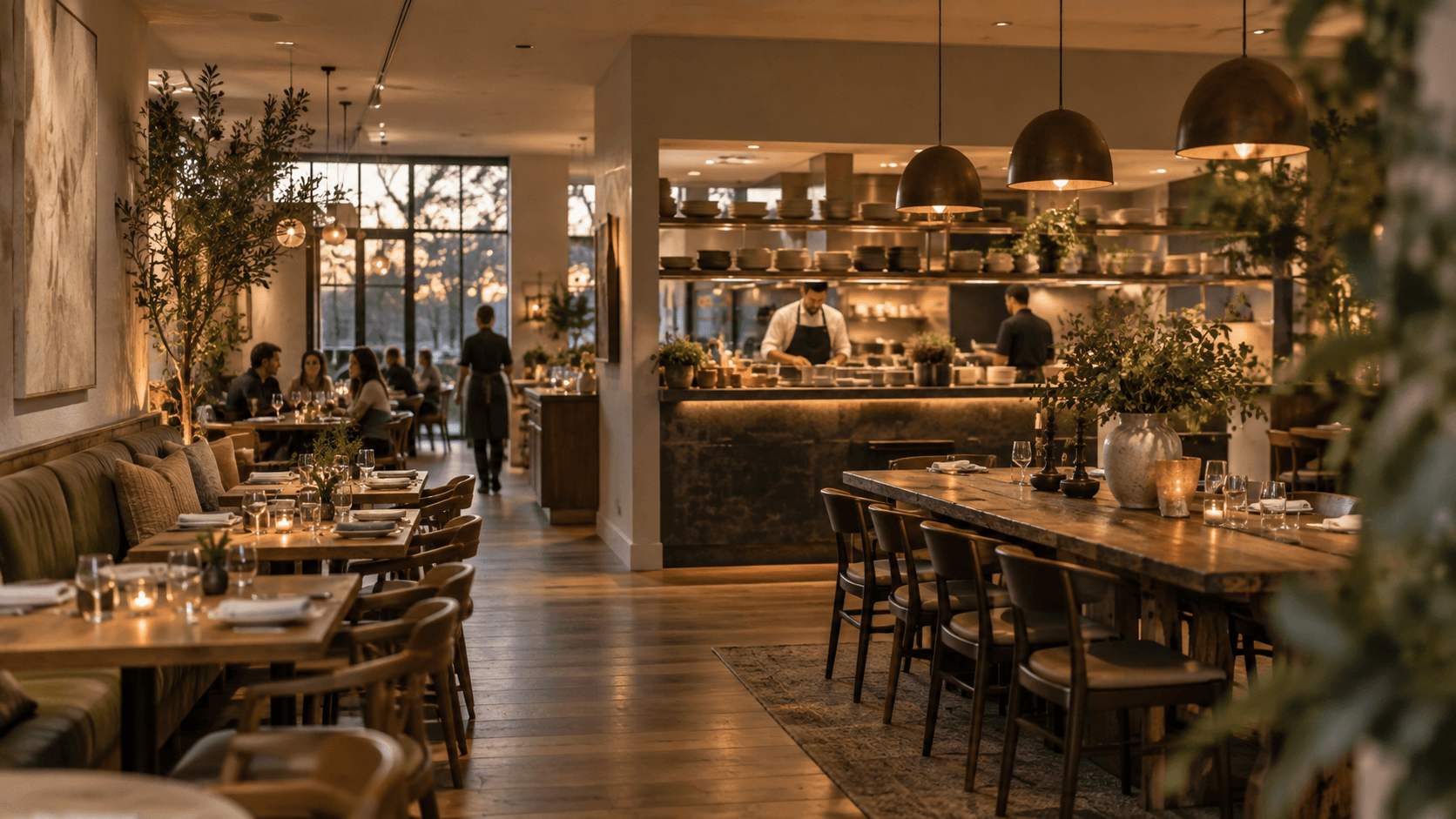 A warm independent cafe interior prepared for evening service