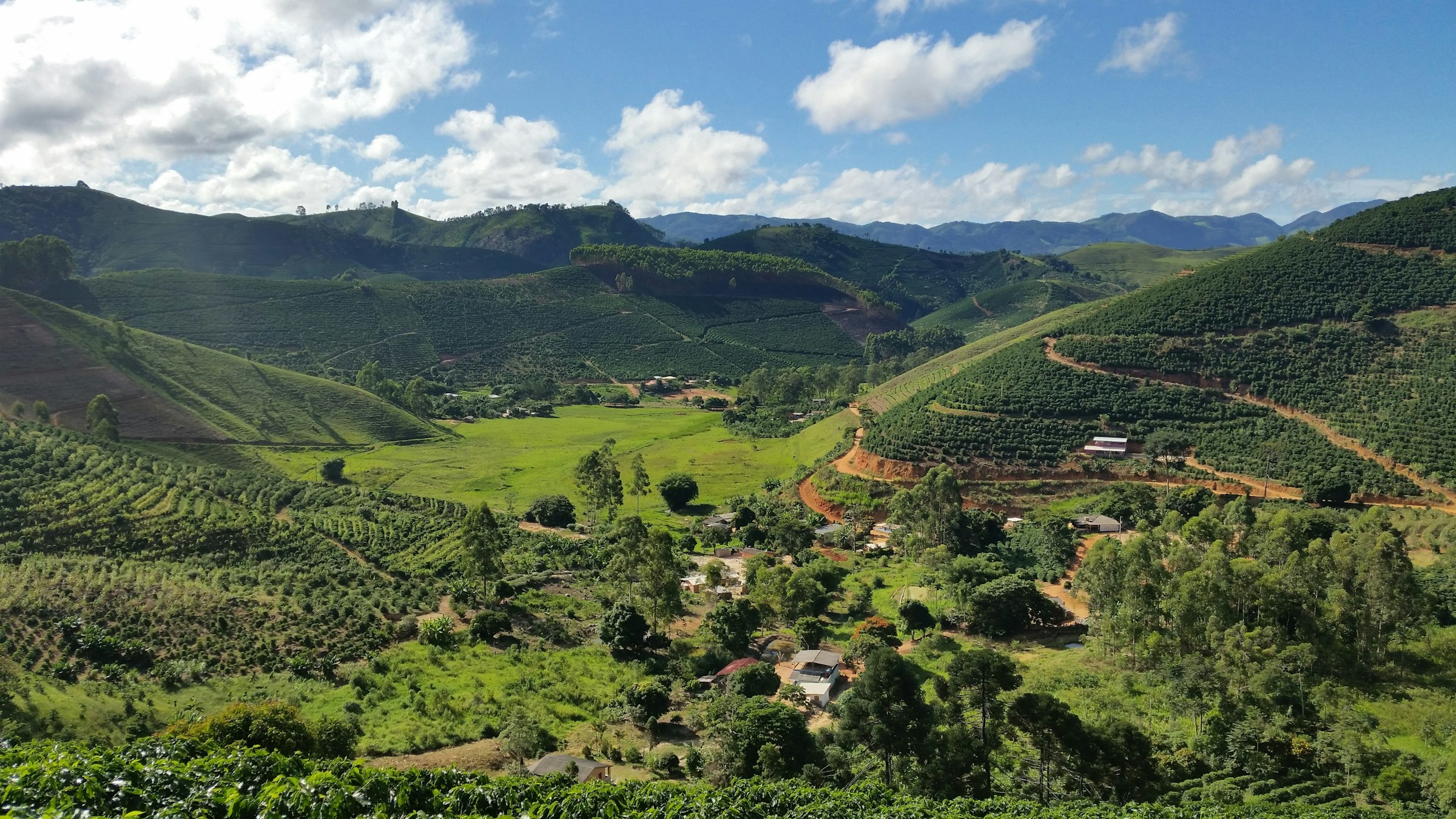 A wide valley in the Serra da Mantiqueira with coffee planted across the slopes