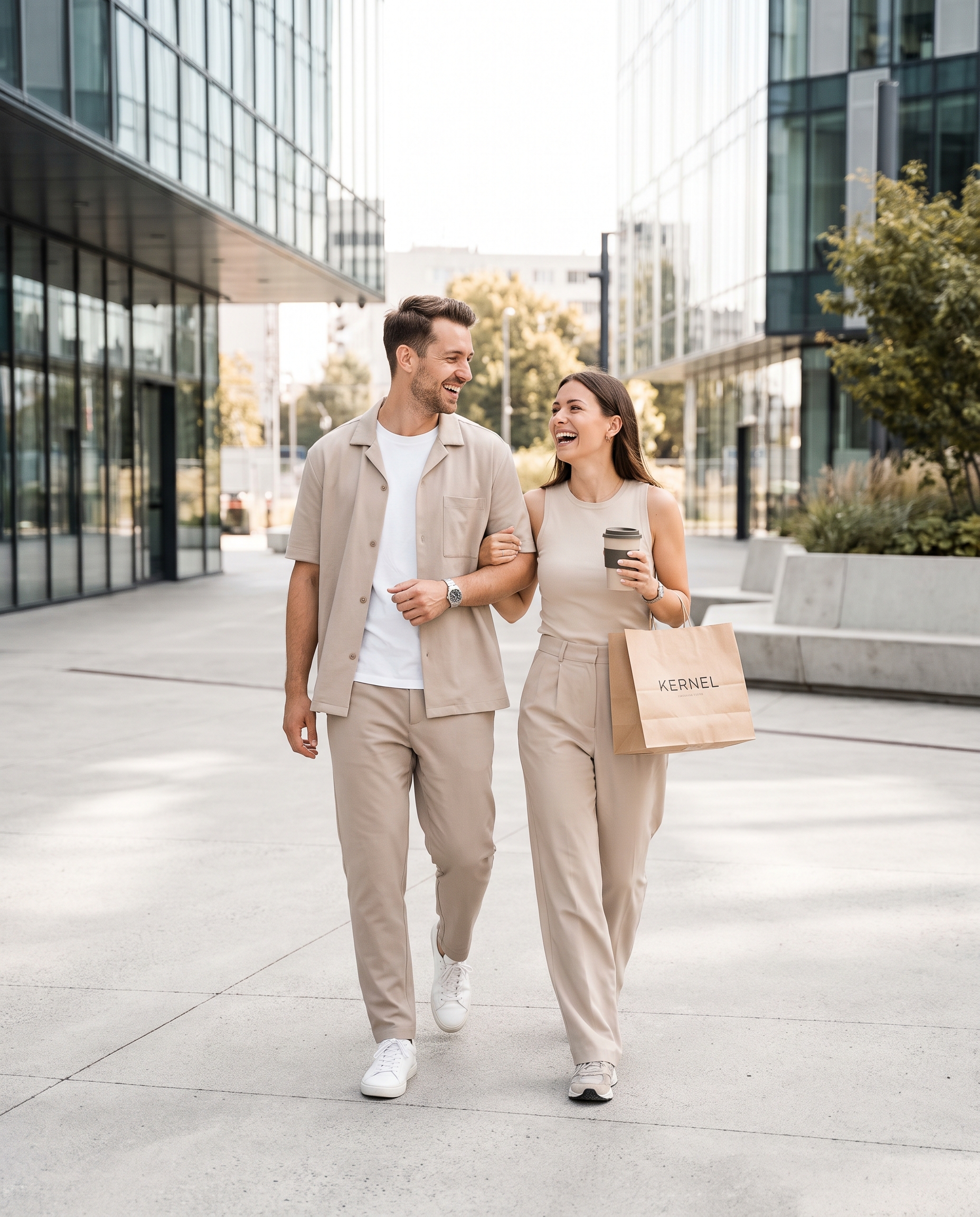 Friends walking with coffee