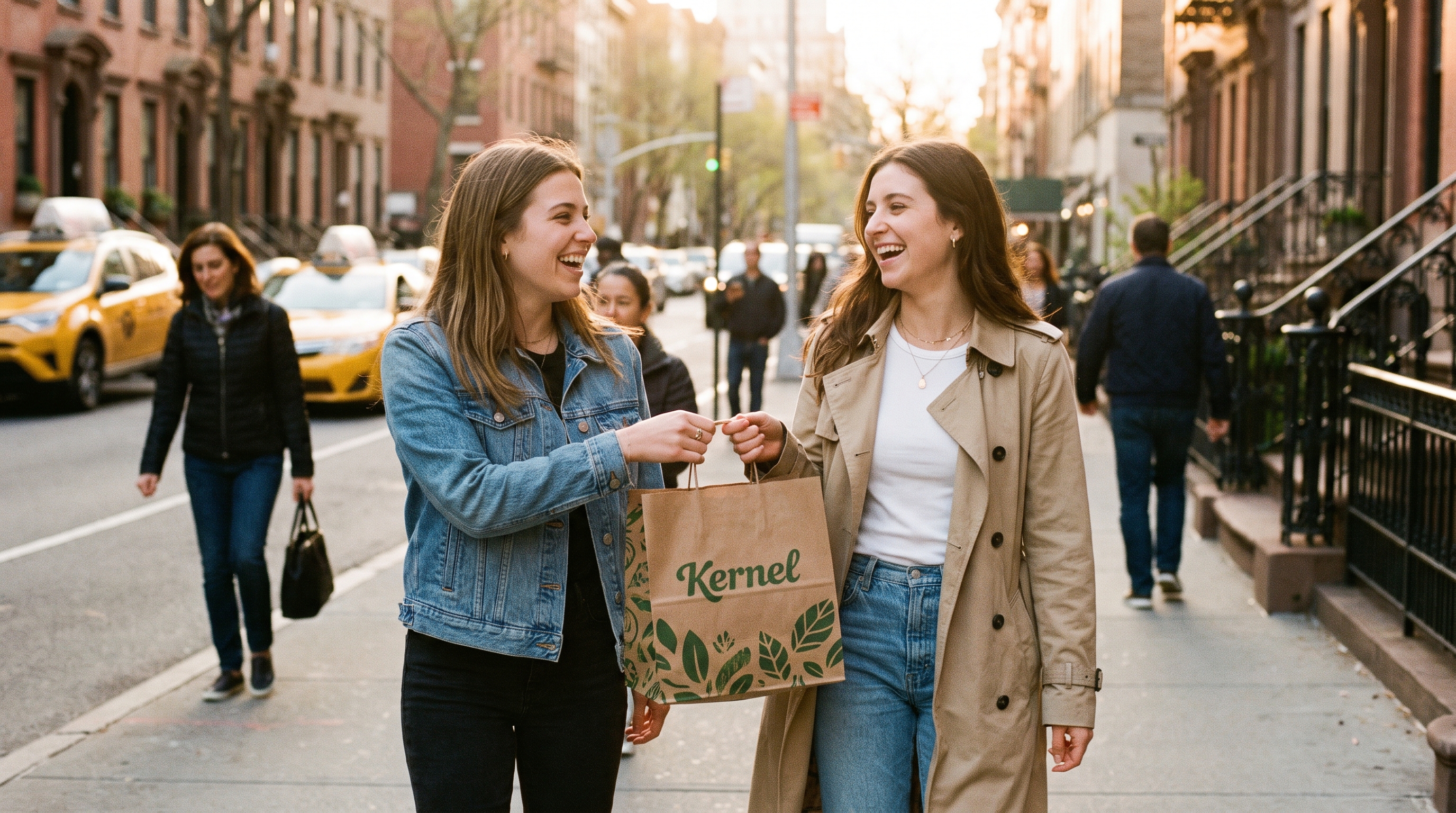 Friends walking past the Kernel storefront