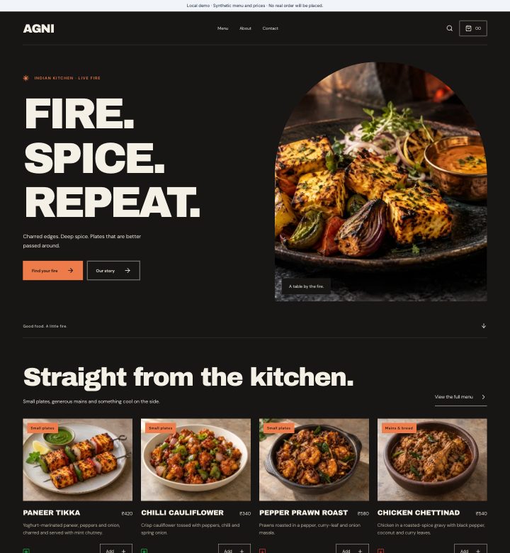Agni menu and storefront preview