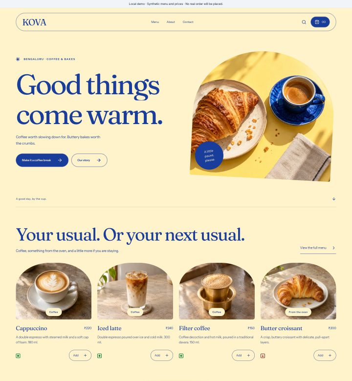 Kova menu and storefront preview