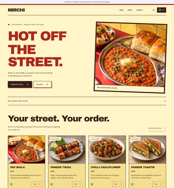 Mirchi menu and storefront preview