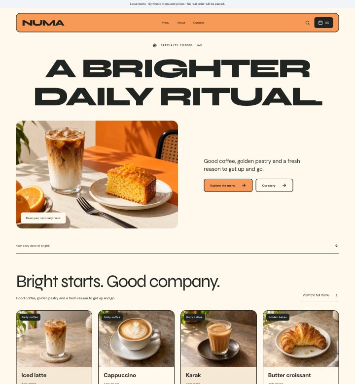 Numa menu and storefront preview