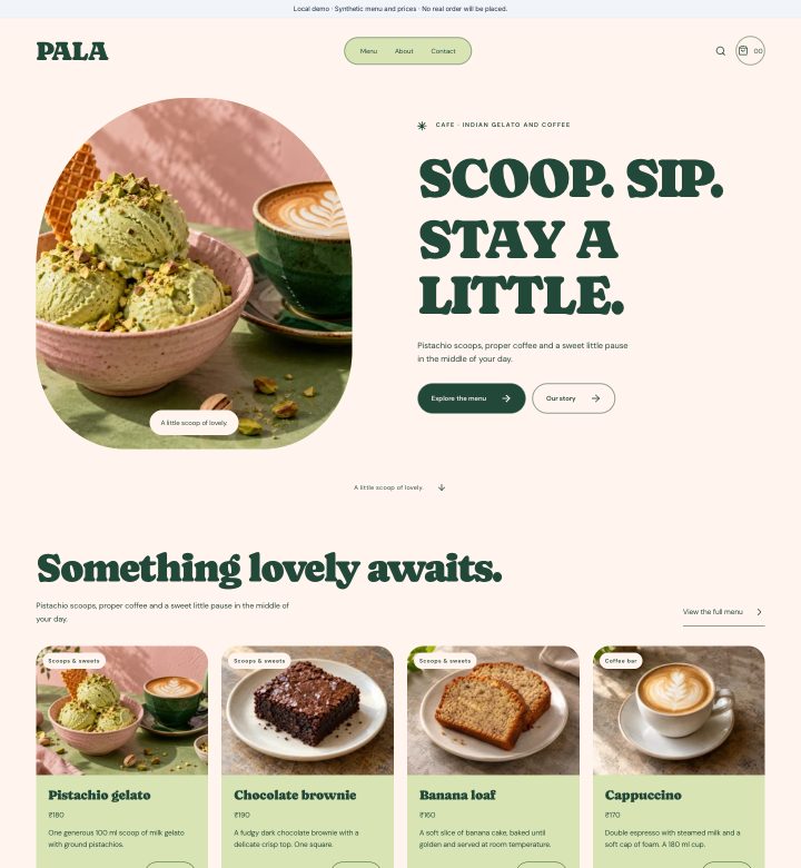Pala menu and storefront preview
