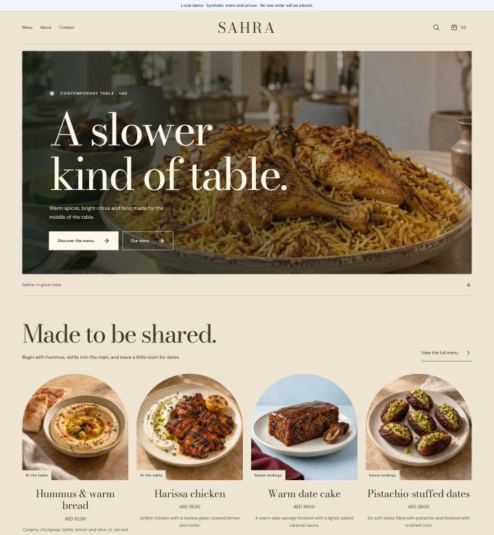 Sahra menu and storefront preview
