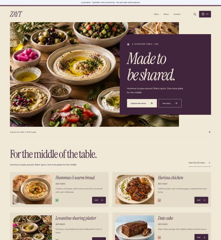 Zayt menu and storefront preview